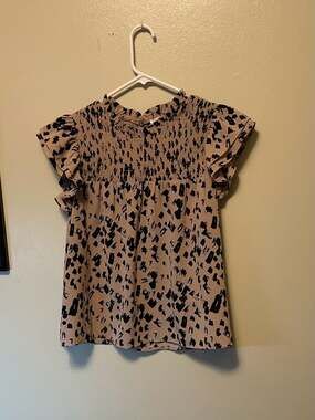 THML Anthropologie, Smocked Flutter Sleeve Leopard Print Baby Doll Top, Sz.L